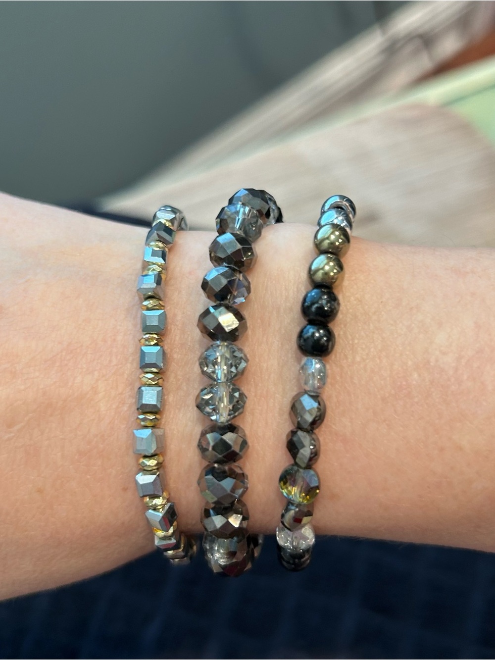 Erimish Brand Stack Of 3 Stretchy Black/Silver/Gold Tone Bracelets With Hangtag